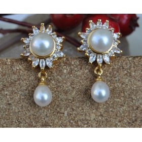  Pearl Ameriacn Diamond Floral Stud with Pearl Drop